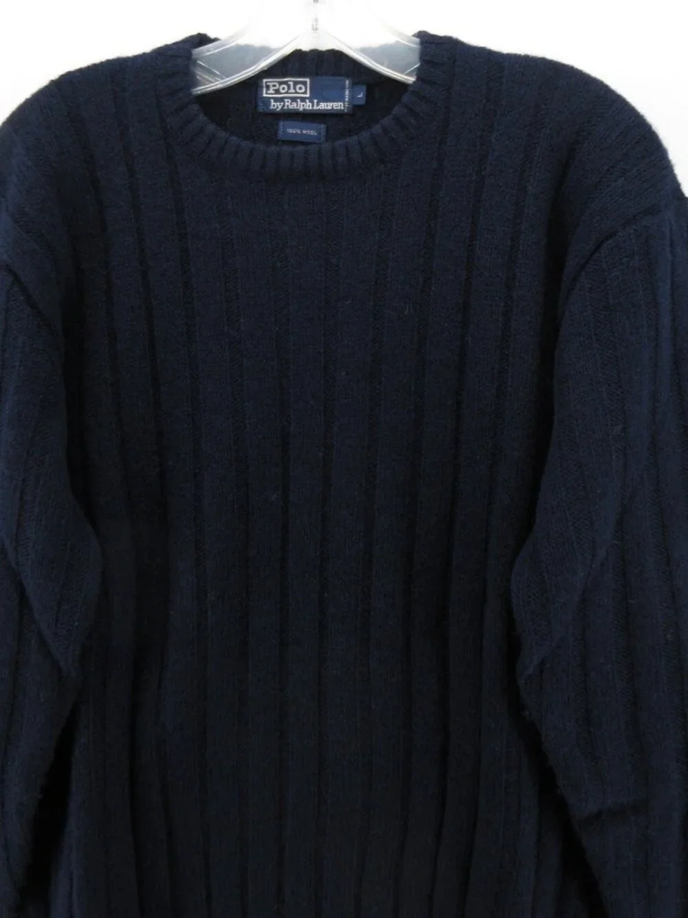 VINTAGE Polo Ralph Lauren Sweater Large Navy Wool Ribbed Crewneck 90s
